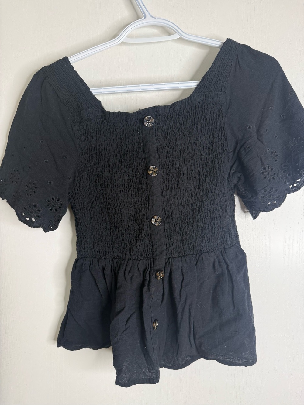 Kismet Black Smocked Peplum Blouse with Eyelet Puff Sleeves - Picture 4 of 4